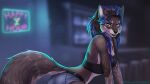  2020 anthro bailey_(krisztina) bar blue_hair blurred_background canid canine canis detailed_background female fur hair mammal midriff multicolored_body multicolored_fur neon_sign sign two_tone_body two_tone_fur wolf wyla 