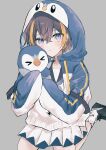  &gt;_&lt; 1girl animal_hood black_footwear blue_eyes blue_hoodie blush brown_hair eyebrows_behind_hair grey_background hair_behind_ear head_tilt highres holding holding_pokemon hood hood_up hoodie kneeling looking_at_viewer multicolored_hair nato_(ll3oxo) nijisanji nijisanji_en orange_hair penguin_hood petra_gurin piplup pokemon pokemon_(creature) skirt smile solo_focus streaked_hair trait_connection two-tone_hoodie virtual_youtuber white_hoodie white_skirt 