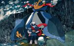  1girl akari_(pokemon) alpha_pokemon back blue_hair cloud cloudy_sky empoleon galaxy_expedition_team_survey_corps_uniform hakoya head_scarf long_hair oshawott pokemon pokemon_(game) pokemon_legends:_arceus rain red_scarf scarf sky water white_headwear 