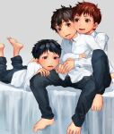  3boys barefoot blush brown_eyes brown_hair eye_contact geetgeet highres hug hug_from_behind looking_at_another male_focus multiple_boys open_mouth original shirt smile white_shirt yaoi 