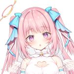  1girl angel angel_wings blue_bow blush bow breasts detached_sleeves dress hair_bow halo indie_virtual_youtuber large_breasts long_hair looking_at_viewer mashiro_mayu miko_(royal_milk) pale_skin pink_hair purple_eyes revealing_clothes star_(symbol) virtual_youtuber white_background wings 