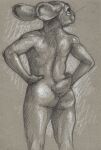  anthro butt cadmiumtea ears_down graphite_(artwork) hands_on_hips hare hi_res lagomorph leporid looking_away male mammal monochrome nude pivoted_ears portrait rear_view sepia simple_background solo three-quarter_portrait traditional_media_(artwork) 
