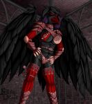  anthro armor avian bird clothing collar corvid corvus_(genus) crow feathered_wings feathers female hands_on_hips hi_res looking_down low-angle_view oscine panties passerine pauldron quakehoof skimpy_armor solo studded_collar underwear vampire wings 