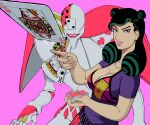  1girl black_hair breasts card cleavage collarbone giganticbuddha green_hair higashikata_kato highres jojo_no_kimyou_na_bouken jojolion large_breasts multicolored_hair parted_lips pink_background pink_lips playing_card space_trucking_(stand) stand_(jojo) two-tone_hair 