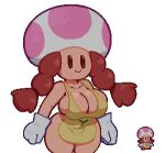  apron apron_only big_breasts braided_hair breasts brown_eyes brown_hair clothing elemental_creature elemental_humanoid female fungi_fauna fungi_humanoid fungus gloves hair handwear humanoid mario_bros minh_t. mostly_nude mushroom nintendo paper_mario pigtails smile somescrub thick_thighs twin_braids video_games 