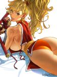  1girl ass blonde_hair breasts brown_eyes capcom_vs_snk_2 commentary cowboy_shot curvy dual_wielding etama_quomo final_fight fingerless_gloves from_behind from_side genryuusai_maki gloves holding lips long_hair looking_at_viewer looking_back lying medium_breasts ninja on_stomach orange_panties panties parted_lips patreon_username ponytail red_gloves revealing_clothes sash sideboob simple_background sleeveless smile solo street_fighter thighs tonfa underwear untied weapon white_background 