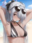  1girl absurdres arms_behind_head arms_up bangs beach bikini black_bikini blue_archive blurry blurry_background breasts breasts_apart choker dark-skinned_female dark_skin eyewear_on_head greyscale hair_intakes hair_over_one_eye halo hand_in_hair highres horizon iori_(blue_archive) long_hair looking_at_viewer medium_breasts monochrome outdoors parted_lips pointy_ears red_eyes sand shengtian solo string_bikini sunglasses swimsuit twintails upper_body water wet 