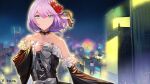  1girl aqua_eyes bare_shoulders black_dress bow choker city closed_mouth corset detached_sleeves dress flower grey_bow hair_flower hair_ornament hair_ribbon highres indie_virtual_youtuber inori_hazuki mole mole_under_mouth night official_art purple_hair red_flower ribbon solo tengu_style virtual_youtuber 