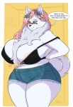  anthro big_breasts blush bottomwear breasts canid canine clothing cutoffs daisy_dukes denim denim_clothing dialogue eyewear female fur glasses hair hi_res hotpants jwinkz mammal pink_hair shorts solo white_body white_fur 