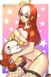  1girl antenna_hair artist_name bangs bikini breasts brown_eyes eyebrows_visible_through_hair fishnet_legwear fishnets fuecoco large_breasts long_hair looking_at_viewer multicolored_hair patreon_logo personification pokemon red_hair redjet shrug_(clothing) sitting solo stuffed_animal stuffed_toy swimsuit thighhighs two-tone_hair watermark web_address white_hair 