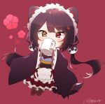  1girl absurdres animal_ears apron brown_eyes brown_hair brown_kimono chibi cup dog_ears dog_girl dog_hair_ornament flower hair_flower hair_ornament heterochromia highres holding holding_cup inui_toko japanese_clothes kimono long_hair low_twintails maid_apron mug nijisanji red_background red_eyes red_hair shigure_(sigre) solo twintails twitter_username virtual_youtuber wa_maid 