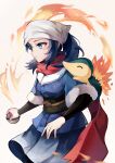  1girl akari_(pokemon) blue_eyes blue_hair blue_kimono closed_mouth commentary_request cyndaquil fire fur-trimmed_sleeves fur_trim grey_background head_scarf highres holding holding_poke_ball japanese_clothes kimono layered_sleeves long_sleeves looking_away obi poke_ball pokemon pokemon_(creature) pokemon_(game) pokemon_legends:_arceus ponytail sash short_over_long_sleeves short_sleeves yowamushi 