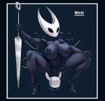  big_breasts blush bodily_fluids breasts crouching duo female genital_fluids genitals hi_res holding_object holding_weapon hollow_knight hollow_knight_(character) hornet_(hollow_knight) larger_female mitiz-art pussy pussy_juice size_difference team_cherry vessel_(species) video_games weapon 