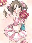  1girl :d armband armpits asymmetrical_legwear ba_ra_ran blush breasts cheerleader crop_top dated eyebrows_visible_through_hair frilled_skirt frills hair_ribbon happy_birthday highres holding holding_pom_poms idolmaster idolmaster_cinderella_girls imai_kana looking_at_viewer navel outstretched_arm patterned_background plaid plaid_skirt pom_pom_(cheerleading) ribbon shirt skirt sleeveless sleeveless_shirt smile solo star_(symbol) thigh_strap twintails 