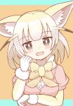  1girl animal_ear_fluff animal_ears blonde_hair blue_background bow brown_background commentary_request fennec_(kemono_friends) fox_ears fur-trimmed_gloves fur_trim gloves hand_up highres kemono_friends layered_sleeves long_sleeves multicolored_hair pink_sweater puffy_short_sleeves puffy_sleeves shirt short_over_long_sleeves short_sleeve_sweater short_sleeves solo sunanuko_(ramuneko) sweater two-tone_background two-tone_hair upper_body white_gloves white_hair white_shirt yellow_bow 