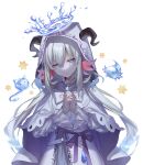  absurdres axolotl_girl frilled_shirt_collar frills grey_hair half-closed_eyes highres hood hood_up jewelry lee_on liquid_halo long_hair lower_(vocaloid) necklace nijisanji nijisanji_kr nimura_nio own_hands_together purple_shirt purple_skirt second-party_source shirt skirt star_(symbol) very_long_hair virtual_youtuber white_background 