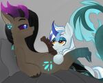  absurd_res ambiguous_gender black_hair black_sclera blue_eyes blue_hair blue_horn blue_tail brown_body cutie_mark demon drachtfel duo ear_piercing ear_ring equid equine eye_markings fan_character female feral feral_on_feral genitals grey_background grey_body hair hasbro hi_res horn horse hybrid knochka male male/ambiguous male_(lore) mammal markings multicolored_hair multicolored_tail my_little_pony open_mouth penile_spines penis penis_in_face piercing pillow pony pupils purple_horn saphir_glitzern simple_background sitting slit_pupils unicorn white_hair white_tail yellow_eyes 