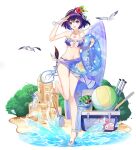  1girl :d absurdres ball beach beachball bikini bird blue_bikini blue_eyes blue_hair breasts cleavage cooler flower food fruit full_body hair_flower hair_ornament headband high_heels highres honkai_(series) honkai_impact_3rd looking_at_viewer nhan ocean open_mouth red_flower sand_castle sand_sculpture seagull seele_vollerei short_hair simple_background smile solo surfboard swimsuit sword tattoo toes watermelon weapon white_background white_footwear wooden_sword 