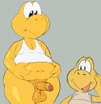  anthro balls bottomless clothed clothing duo erection foreskin genitals holding_belly humanoid_genitalia humanoid_penis koopa koopa_troopa male mario_bros navel nintendo nokemop overweight overweight_male penis scalie standing topwear video_games 