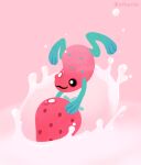 animal animal_focus artist_name closed_mouth commentary english_commentary food frog fruit holding holding_food holding_fruit milk no_humans original pikaole pink_background poison_dart_frog red_eyes simple_background smile splashing spots strawberry strawberry_milk watermark 