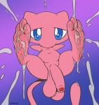  absurd_res balls big_balls big_penis bodily_fluids cum cum_on_feet feet feral foot_fetish foreskin genital_fluids genitals hi_res humanoid_genitalia humanoid_penis legendary_pok&eacute;mon male mew nintendo nokemop nude penis pok&eacute;mon pok&eacute;mon_(species) soles solo video_games 