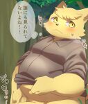  2022 anthro blush bodily_fluids boron_brioche clothing cyberconnect2 detailed_background domestic_cat felid feline felineko felis fuga:_melodies_of_steel genitals hi_res hitsuzi_taro11 humanoid_hands japanese_text kemono little_tail_bronx male mammal outside overweight overweight_male penis plant shirt solo sweat text topwear tree video_games young 