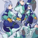  1boy 1girl bangs blue_eyes blue_hair bodysuit boku_no_hero_academia breast_grab breasts covered_nipples drill_hair gloves grabbing grabbing_from_behind grey_background hadou_nejire large_breasts light_blue_hair long_hair open_mouth shiseki_hirame simple_background twintails very_long_hair white_gloves 