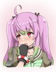  1girl bangs black_choker black_gloves black_ribbon blush choker cropped_shoulders eyebrows_visible_through_hair gloves gradient_hair green_hair hair_between_eyes hair_ribbon kantai_collection kodama_(mmt_uf) long_hair momo_(kancolle) multicolored_hair nose_blush pink_hair portrait red_eyes ribbon sailor_collar school_uniform serafuku simple_background solo symbol-only_commentary twintails 