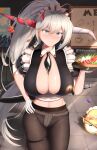  1girl absurdres alternate_costume apron artist_name asymmetrical_horns azur_lane between_breasts black_legwear black_necktie blurry blurry_background blush braid breasts center_opening contrapposto earrings enmaided full-face_blush fundoshi fundoshi_under_pantyhose gloves grey_eyes hair_on_horn hakuryuu_(azur_lane) hakuryuu_(slice_dice_and_serve)_(azur_lane) hand_on_hip high_ponytail highres holding holding_plate horns huge_breasts indoors japanese_clothes jewelry light_blush long_hair maid maid_headdress manjuu_(azur_lane) menu_board mole mole_on_breast multiple_horns necktie necktie_between_breasts official_alternate_costume open_mouth pantyhose plate puffy_short_sleeves puffy_sleeves red_horns sapphire_(gemstone) sharp_teeth short_sleeves skindentation slit_pupils solo standing sword sword_behind_back teeth thighs tile_floor tiles very_long_hair weapon white_apron white_gloves white_hair white_horns yolo_generations 