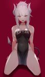  1girl absurdres apron blush breasts demon_girl demon_horns demon_tail helltaker highres horns kataku_musou large_breasts looking_at_viewer lucifer_(helltaker) naked_apron red_eyes sitting solo tail tongue tongue_out 