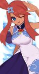  &gt;_o 1girl ;d blue_eyes breasts commentary_request formal hair_ornament highres long_hair looking_at_viewer medium_breasts nuneno one_eye_closed one_side_up open_mouth pokemon pokemon_(game) pokemon_masters_ex red_hair short_hair_with_long_locks sidelocks skyla_(pokemon) smile solo tied_hair 