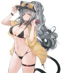 1girl adjusting_clothes adjusting_headwear animal_ear_fluff animal_ears arknights bikini black_bikini black_headwear blush breasts cameltoe can cat_ears cat_girl cat_tail choker cleavage commentary covered_nipples cowboy_shot eyebrows_visible_through_hair eyes_visible_through_hair eyewear_on_head grey_hair hair_over_one_eye hand_on_headwear highres holding holding_can jacket large_breasts linea_alba long_hair looking_at_viewer midriff mikojin mole_on_stomach navel open_clothes open_jacket pendant_choker ponytail red_choker schwarz_(arknights) see-through simple_background skindentation solo strap_gap sunglasses swimsuit tail thigh_strap very_long_hair visor_cap white_background wristband yellow_jacket 
