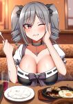  1girl :3 absurdres black_bow black_choker black_dress blush booth_seating bow breast_rest breasts breasts_on_table choker cleavage commentary_request cross cross_choker cup dress drill_hair drinking_glass eating elbows_on_table food food_on_face fork grey_hair hair_bow highres holding holding_fork idolmaster idolmaster_cinderella_girls kanzaki_ranko large_breasts looking_at_viewer mabanna meal one_eye_closed pov_across_table pov_dating purple_eyes restaurant saizeriya short_hair short_sleeves short_twintails signature solo twin_drills twintails 