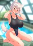  1girl :d animal_ears bangs black_swimsuit blurry blurry_background blurry_foreground blush breasts cleavage full_body haruka_(haruka_channel) highres indoors inubashiri_momiji large_breasts looking_at_viewer one-piece_swimsuit open_mouth poolside red_eyes short_hair sitting smile swimsuit tail touhou wariza water white_hair wolf_ears wolf_girl wolf_tail 