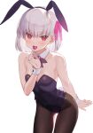  1girl animal_ears bare_shoulders blush breasts candy cleavage collarbone covered_navel cowboy_shot detached_collar eyebrows_visible_through_hair eyes_visible_through_hair fake_animal_ears fate/grand_order fate_(series) food highres kama_(fate) leotard lollipop looking_at_viewer pantyhose playboy_bunny purple_hair rabbit_ears red_eyes revision short_hair siino simple_background small_breasts smile solo standing strapless strapless_leotard white_background wrist_cuffs 