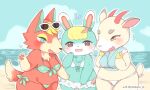  accessory animal_crossing anthro audie_(animal_crossing) beach bikini blonde_hair blush breasts canid canine canis cervid clothed clothing digital_media_(artwork) eyewear female fingers fur group hair hair_accessory horn lagomorph leporid looking_at_viewer mammal nintendo open_mouth orange_body orange_fur outside pawpads rabbit sand sasha_(animal_crossing) seaside shino_(animal_crossing) sky smile sunglasses swimwear topwear video_games water wolf yokikana_yk 