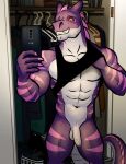  abs albert_(frankyzaraki) anthro balls bgn biceps cellphone claws clothed clothing deltoids dragon genitals hi_res horn humanoid_genitalia humanoid_penis looking_at_viewer male muscular muscular_anthro muscular_male non-mammal_balls non-mammal_navel nude pecs penis phone purple_body raised_clothing raised_shirt raised_tank_top raised_topwear red_eyes reptile scalie selfie shirt smartphone smile solo solo_focus stripes tank_top topwear two-tone_body white_balls white_body 