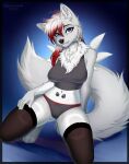  2022 5_fingers absurd_res anthro black_nose blue_eyes breasts canid canine clothed clothing digital_media_(artwork) female fingers hair hi_res kyotoleopard looking_at_viewer mammal midriff navel red_hair solo white_hair 