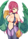  1girl bangs bare_shoulders blue_skin breasts chamame claws cleavage colored_skin commentary_request duel_monster feathered_wings feathers garter_straps green_eyes green_feathers green_wings harpie_lady harpy highres large_breasts long_hair looking_away midriff monster_girl navel pink_hair pointy_ears solo very_long_hair winged_arms wings yu-gi-oh! 