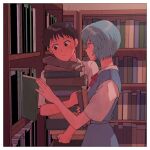  ayanami_rei blue_hair book couple ikari_shinji key35461 library neon_genesis_evangelion school_uniform short_hair smile tokyo-3_middle_school_uniform_(evangelion) 