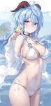  1girl absurdres ahoge bangs bikini blue_hair blush breasts collarbone daefny eyebrows_visible_through_hair food ganyu_(genshin_impact) genshin_impact glasses hair_ornament highres horns light_smile looking_at_viewer low_ponytail medium_breasts navel ocean popsicle purple_eyes shiny shiny_skin shirt sideboob sidelocks solo standing strap_gap swimsuit white_bikini white_shirt 