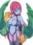  1girl bangs bare_shoulders blue_skin breasts chamame claws cleavage colored_skin commentary_request duel_monster feathered_wings feathers garter_straps green_eyes green_feathers green_wings harpie_lady harpy highres large_breasts long_hair looking_away midriff monster_girl navel pink_hair pointy_ears solo very_long_hair winged_arms wings yu-gi-oh! 