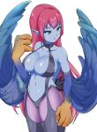  1girl bangs bare_shoulders blue_feathers blue_skin blue_wings breasts chamame claws cleavage colored_skin commentary_request duel_monster feathered_wings feathers garter_straps green_eyes harpie_lady harpy highres large_breasts long_hair looking_away midriff monster_girl navel pink_hair pointy_ears solo very_long_hair winged_arms wings yu-gi-oh! 