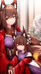  2girls absurdres amagi-chan_(azur_lane) amagi_(azur_lane) animal_ears azur_lane bangs blunt_bangs brown_hair commentary_request eyebrows_visible_through_hair eyeshadow fox_ears fox_girl fox_tail hair_ornament highres kyuubi long_hair long_sleeves makeup multiple_girls multiple_tails off-shoulder_kimono parted_lips purple_eyes samip sidelocks sleeping sleeping_on_person tail thick_eyebrows twintails wide_sleeves 