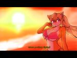  alternate_version_at_source anthro beach big_breasts breasts clothing demenmenabung domestic_cat felid feline felis female hair hi_res mammal ponytail seaside smile solo sunset swimwear text veeyo 