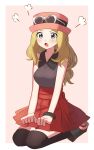  1girl :o =3 black_footwear blonde_hair blush border bracelet collared_shirt commentary_request eyelashes eyewear_on_headwear full_body grey_eyes hat high-waist_skirt highres jewelry long_hair nasakixoc open_mouth pink_headwear pokemon pokemon_(game) pokemon_xy red_skirt serena_(pokemon) shirt shoes sitting skirt sleeveless sleeveless_shirt solo sunglasses thighhighs tongue white-framed_eyewear white_border 