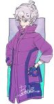  1boy absurdres ahoge bangs bede_(pokemon) border character_name closed_mouth coat commentary_request curly_hair dynamax_band eyelashes gloves grey_hair high_collar highres looking_down male_focus pokemon pokemon_(game) pokemon_swsh purple_coat purple_eyes short_hair smile solo t1ger_spuma watch white_border wristwatch 