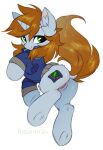  2021 bottomless clothed clothing cutie_mark equid equine fallout_equestria fan_character female feral genitals green_eyes grey_body grey_horn hasbro hi_res hioshiru horn inner_ear_fluff jacket littlepip mammal my_little_pony pussy quadruped simple_background smile solo topwear tuft unicorn unicorn_horn white_background 