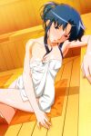  1girl bangs blue_eyes blue_hair fujiwara_aya head_tilt indoors long_hair naked_towel non-web_source official_art photoshop_(medium) sauna shiny shiny_skin sitting solo super_real_mahjong tanaka_ryou towel wet 