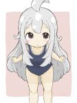  1girl :o absurdres ahoge bangs bare_arms bare_shoulders black_swimsuit blush_stickers breasts brown_background brown_eyes collarbone commentary_request feet_out_of_frame genderswap genderswap_(mtf) grey_hair highres leaning_forward long_hair one-piece_swimsuit onii-chan_wa_oshimai oyama_mahiro parted_lips rururu_(pyrk8855) school_swimsuit small_breasts solo standing swimsuit two-tone_background very_long_hair white_background 